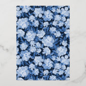 洗練された水彩花の青い背景 箔招待状 (裏面)