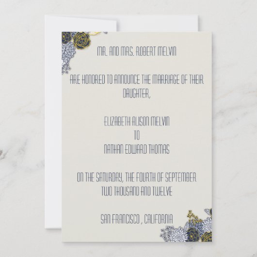 洗練された海軍と黄色のフローラ発表 招待状 (裏面)