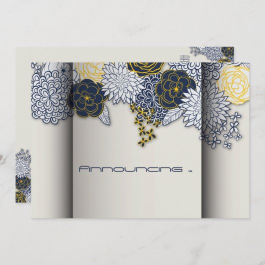 洗練された海軍と黄色のフローラ発表 招待状 (正面/裏面)