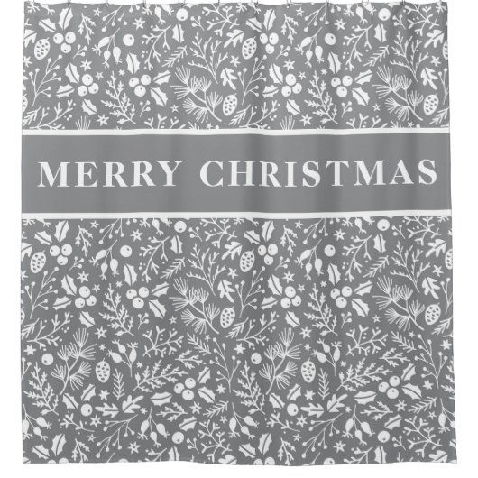 洗練された灰色と白のパターンのメリークリスマス シャワーカーテン (正面)