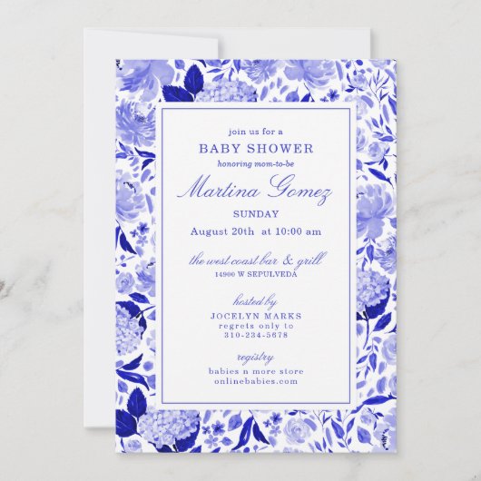 洗練された王室のブルーフローラベビーシャワー 招待状 (正面)