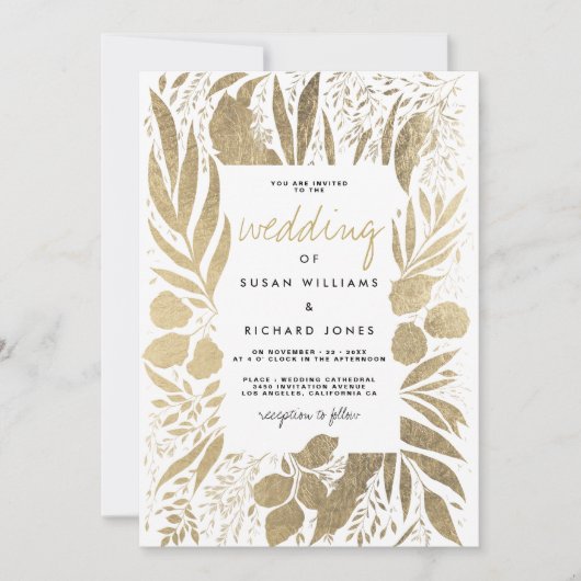 洗練された白い金ゴールドの葉のフローラ 招待状 (正面)