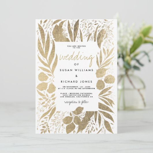 洗練された白い金ゴールドの葉のフローラ 招待状 (スタンド正面)