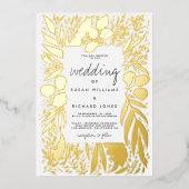 洗練された白い金ゴールドの葉のフローラ 箔招待状 (正面)