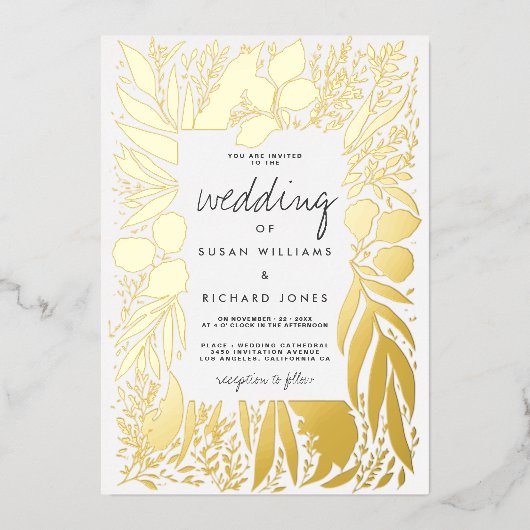 洗練された白い金ゴールドの葉のフローラ 箔招待状 (正面)