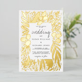 洗練された白い金ゴールドの葉のフローラ 箔招待状 (立ち正面)