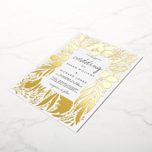 洗練された白い金ゴールドの葉のフローラ 箔招待状 (回転した状態)