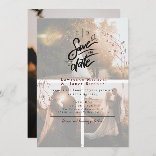 洗練された白のミニマルな3枚の写真があなたを誘う セーブザデート (正面/裏面)