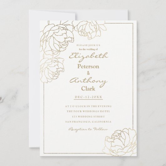 洗練された白フェイク金ゴールド牡丹フローラ結婚の 招待状 (正面)
