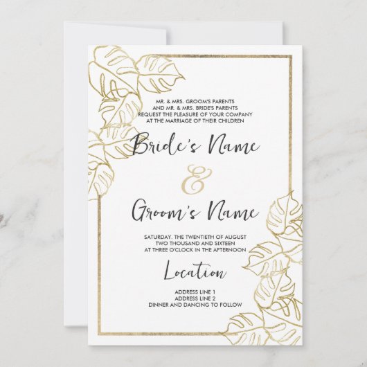 洗練された白金ゴールドの熱帯結婚の葉 招待状 (正面)
