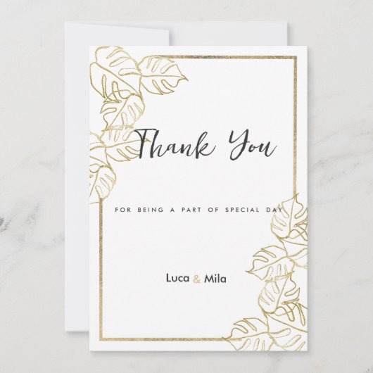 洗練された白金ゴールド熱帯性の葉ありがとう 招待状 (正面)