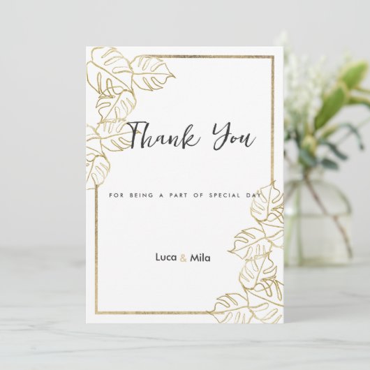 洗練された白金ゴールド熱帯性の葉ありがとう 招待状 (スタンド正面)