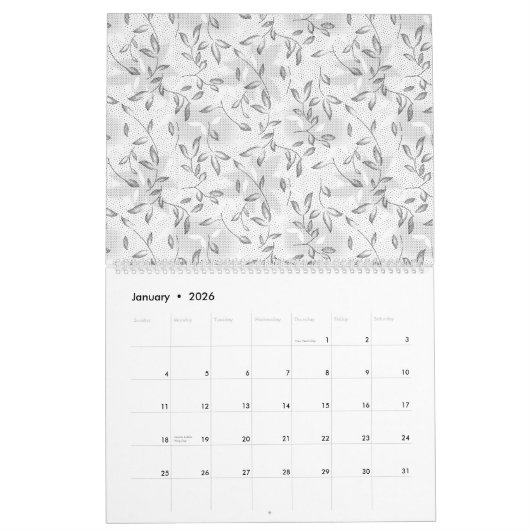 洗練された白黒のフローラ、ハイライトモチーフ カレンダー (1月 2026)