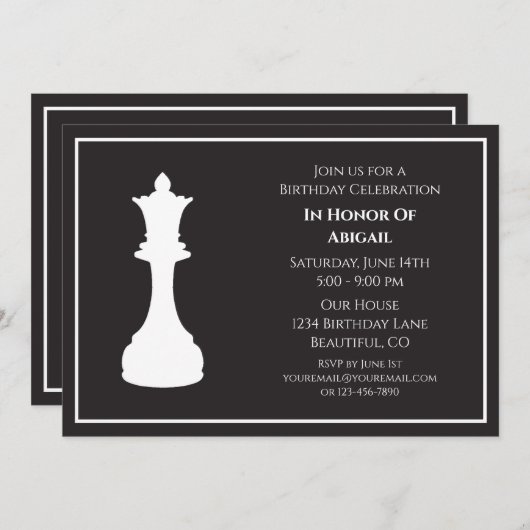 洗練された白黒チェスピース誕生日 招待状 (正面/裏面)