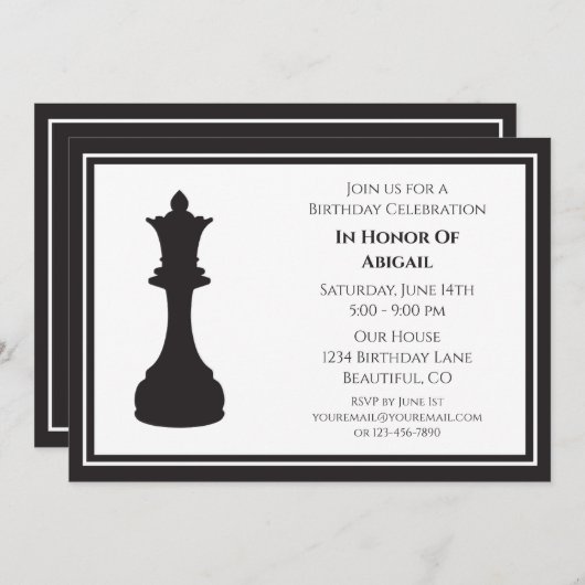 洗練された白黒チェスピース誕生日 招待状 (正面/裏面)