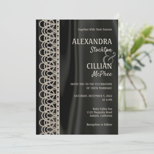 洗練された真珠とサテン結婚式招待状 招待状 (スタンド正面)