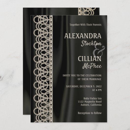 洗練された真珠とサテン結婚式招待状 招待状 (正面/裏面)