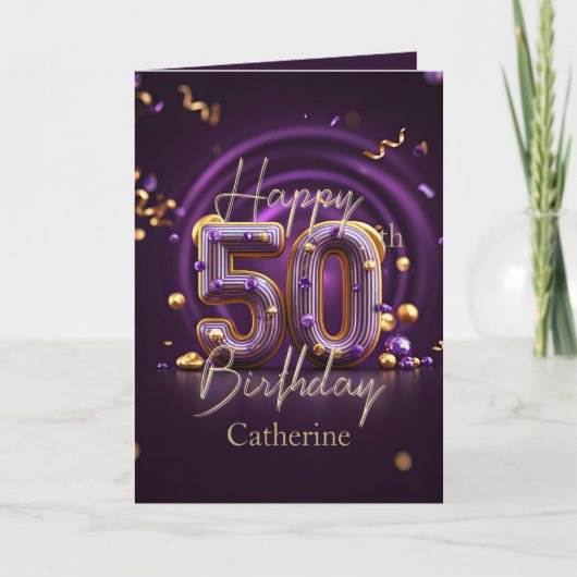 洗練された紫と金ゴールド50誕生日 カード (正面)