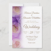 洗練された紫の金ゴールド結婚フローラ 招待状 (正面)