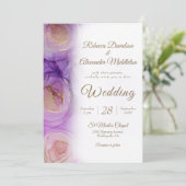 洗練された紫の金ゴールド結婚フローラ 招待状 (スタンド正面)