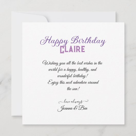 洗練された紫色のアイリスをテーマにしたお誕生日ケーキ カード (裏面)