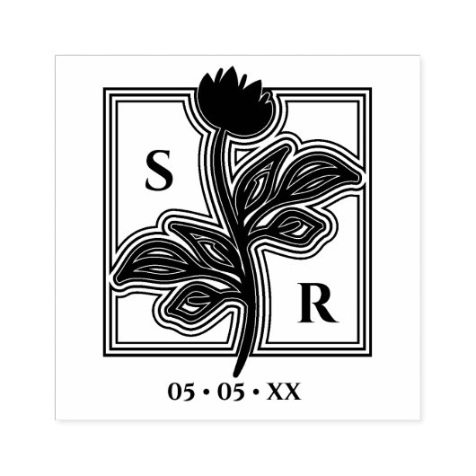 洗練された結婚花のイニシャルと日付 ラバースタンプ (インプリント)