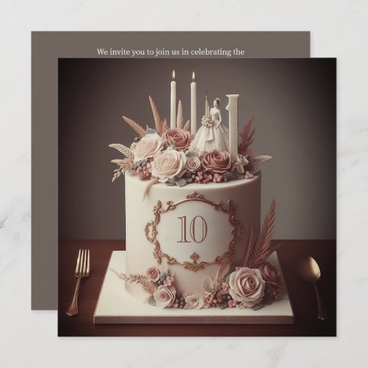 洗練された編集可能結婚なアニバーサリーケーキ 招待状 (正面/裏面)