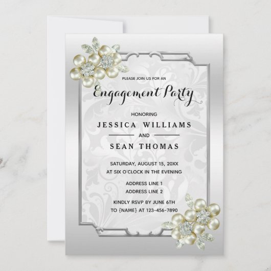 洗練された花の宝石、シルバーフレームのエンゲージメントリング 招待状 (正面)