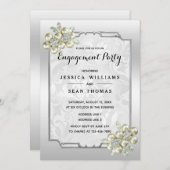 洗練された花の宝石、シルバーフレームのエンゲージメントリング 招待状 (正面/裏面)