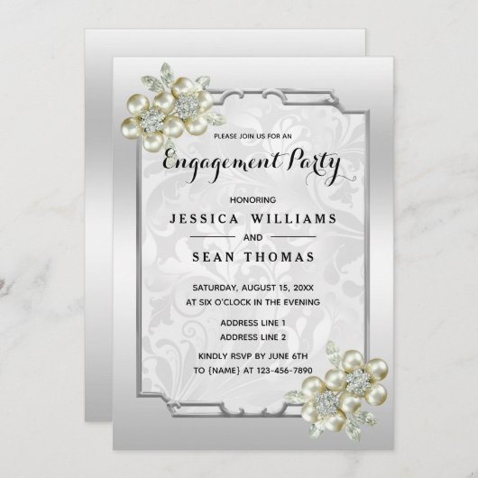 洗練された花の宝石、シルバーフレームのエンゲージメントリング 招待状 (正面/裏面)