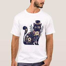 洗練された花柄の猫の単眼鏡とトップハット Tシャツ