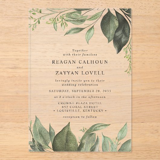 洗練された葉ユーカリプモダン結婚スの アクリル招待状 (正面)