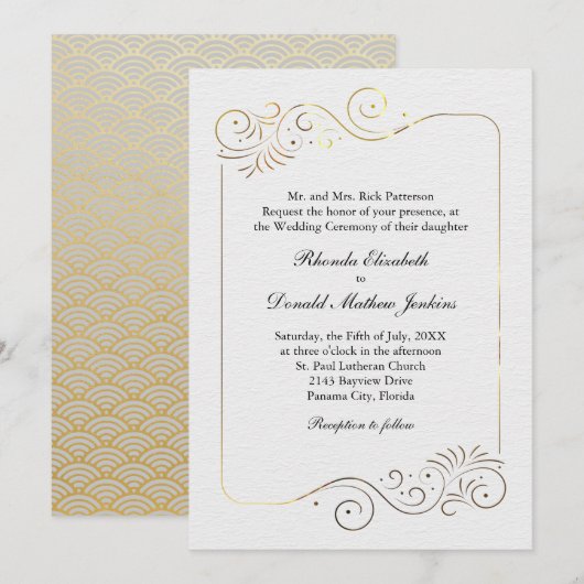 洗練された豪華なゴールドの装飾 ウェディング 招待状 (正面/裏面)