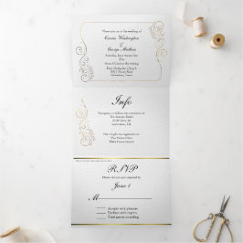 洗練された豪華な金ゴールド結婚フローリッシュ 三つ折り招待状