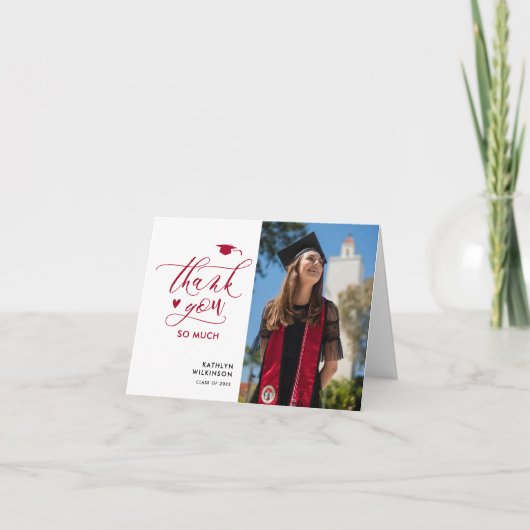 洗練された赤いスクリプト写真 ミニマルな卒業式カード サンキューカード (正面)
