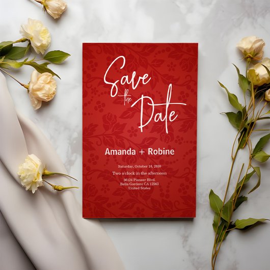 洗練された赤の花柄のSave the Dateカード 招待状