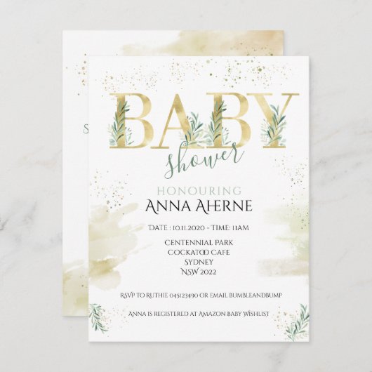 洗練された金ゴールドとセージ緑の赤ちゃんシャワー 招待状 (正面/裏面)