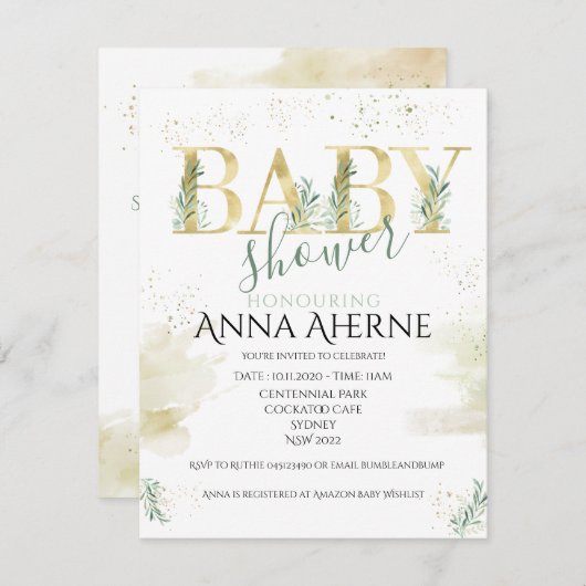 洗練された金ゴールドとセージ緑の赤ちゃんシャワーinv 招待状 (正面/裏面)