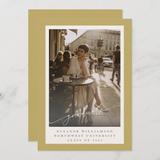 洗練された金ゴールドフルフォトエレガント卒業 案内状 (正面/裏面)