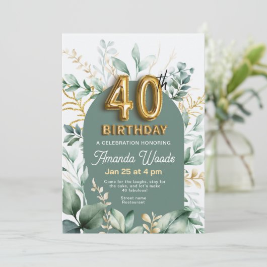 洗練された金ゴールドリーフ40歳の誕生日 招待状 (スタンド正面)