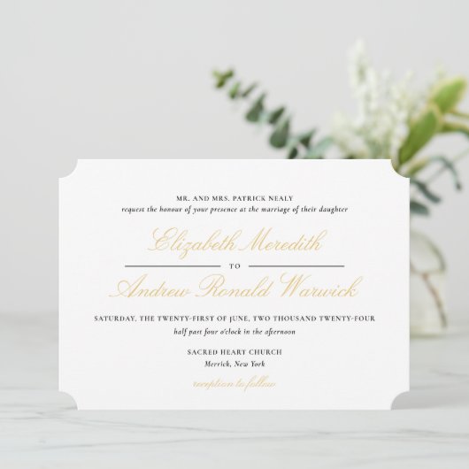 洗練された金ゴールドレーススクリプト結婚式招待状 招待状 (スタンド正面)