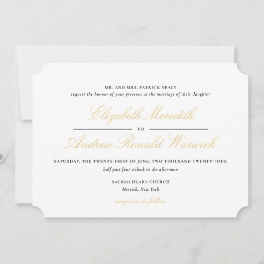 洗練された金ゴールドレーススクリプト結婚式招待状 招待状 (正面)