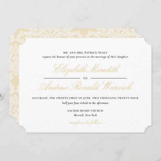 洗練された金ゴールドレーススクリプト結婚式招待状 招待状 (正面/裏面)