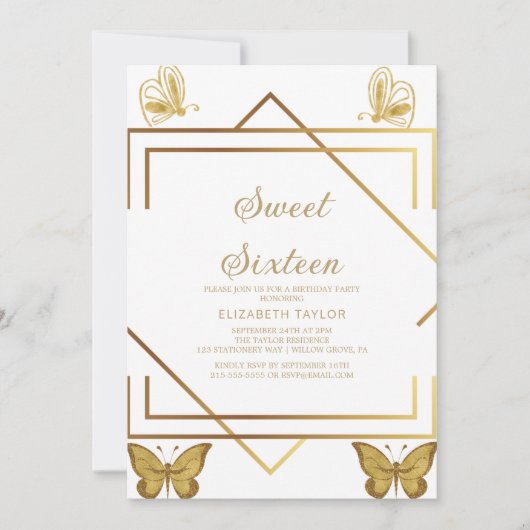 洗練された金ゴールド書道Sweet sixteen 招待状 (正面)
