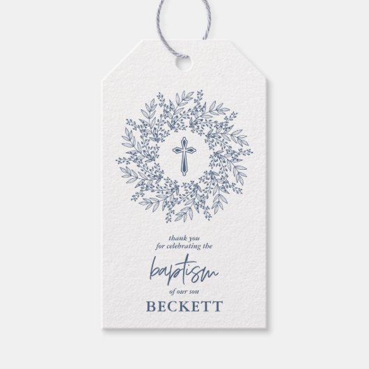 洗練された青い十字架の男の子の洗礼ギフト ギフトタグ (正面)