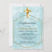 洗練された青と金の十字架男子確認式 招待状 (正面)
