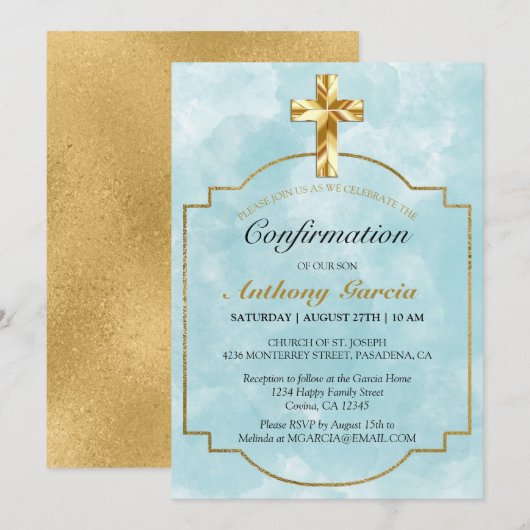 洗練された青と金の十字架男子確認式 招待状 (正面/裏面)