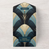 洗練された青と金ゴールドのアールデコ結婚 オールインワン招待状 (外側)