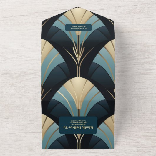 洗練された青と金ゴールドのアールデコ結婚 オールインワン招待状 (外側)