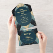 洗練された青と金ゴールドのアールデコ結婚 オールインワン招待状 (貼ってはがせる)